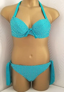POUR MOI - BIKINI SPOTTY - 38B/16 macchie bianche turchesi nuovo con etichette - cravatta laterale - Foto 1 di 6