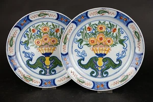 Delft ware pancake plates pair with flower decor 19th c polychrome flower basket - Picture 1 of 7