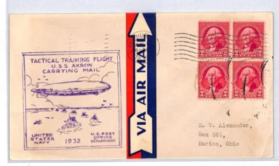 USA AIRSHIP USS AKRON Air Mail Cover 1932 TACTICAL TRAINING FLIGHT Marion LZ178 - Image 1 of 4