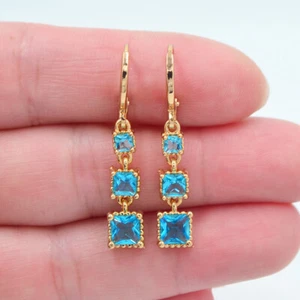 18K Yellow Gold Filled Women Lake Blue Topaz Square Blocks Dangle Earrings - Picture 1 of 16