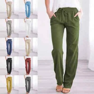 Women Cotton Linen Trousers Ladies Summer Casual Elastic Waist Bottoms Pants UK - Picture 1 of 13