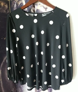 ADRIANNA PAPELL Women Round Neck Black White Polka Dot Pullover Blouse L Stretch - Picture 1 of 8