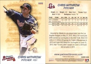 Chris Withrow 2016 Choice Gwinnett Braves #33 RC Card FREE SHIP *AutographDen* - Picture 1 of 1