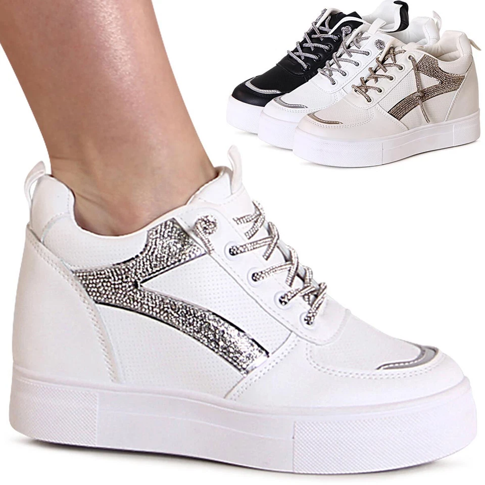 Damenschuhe Keil Sneaker Glitzer Plateau Keilabsatz Turnschuhe Hidden Wedges - Bild 1 von 1