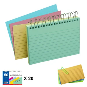 20 Pack Index Cards Ruled Spiral Bound 3" X 5" 50Ct Assorted Colors Wholesale US - Picture 1 of 1