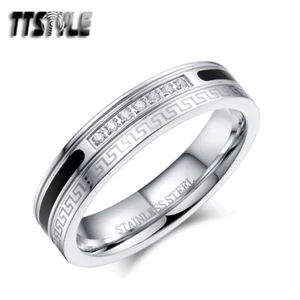 TTStyle 5mm Stainless Steel Greek Key Band Ring With Clear CZ Size 6-11 NEW - Picture 1 of 1