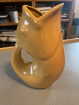 Original Gurgle Pot 9 1/2” Tall Fish Pitcher 2006 Gold/yellow - Image 1 of 4