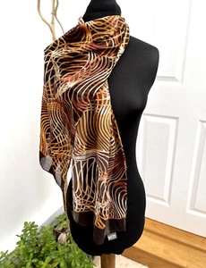 Animal Print Scarf Vtg Laeia Brown Swirl Geometric Stripe Long Polyester Chiffon - Picture 1 of 7