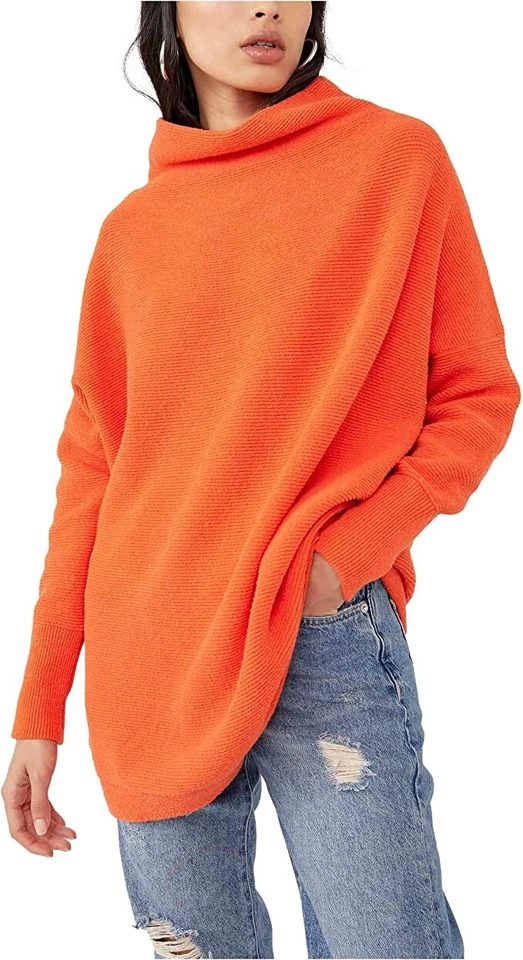 People Ottoman Slouchy Ribbed Mock Neck Sweater Tunic Size M Tangerine
