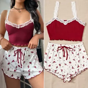Sexy Pajama Set Lounge Set Floral Cami Shorts Lingerie Cute Lace Trim Sleepwear - Picture 1 of 60