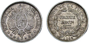 Bolivia 1893 PTS CB 20 Centavos Silver 90.0% AU - Picture 1 of 1