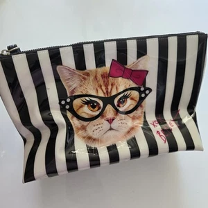 Betsey Johnson Striped Cat Cosmetic Wristlet Bag - Picture 1 of 11