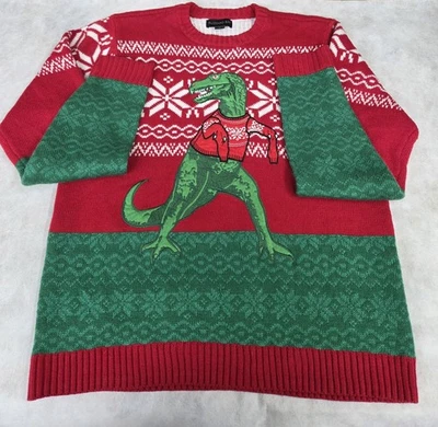 Suéter Lg Blizzard Bay Hombres/Unisex T-Rex Dinosaurio Feo Navidad Verde y Rojo Foto 1 de 4