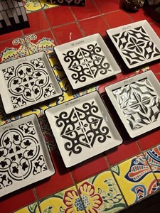 Moroccan Tile Stoneware 6 Plates 5" Square Black & White Geometric Young's Inc.  - Picture 1 of 12