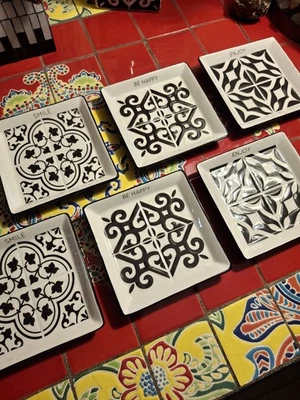 Moroccan Tile Stoneware 6 Plates 5" Square Black & White Geometric Young's Inc.  - Image 1 of 4