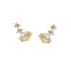 14k Yellow Gold Rainbow 3 Blue Moonstone Studs Earrings Birthday Gift Jewelry - Picture 1 of 2