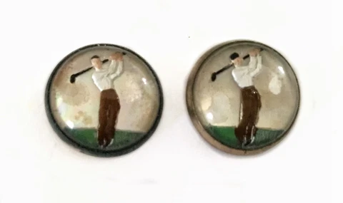 1930s Golfing Themed Reverse Painted Glass Buttons Pair Cover