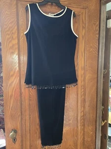 Vintage Black and White Stretch Knit Sleeveless Top Pants Set w Beaded Fringe - Picture 1 of 7