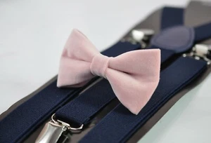 Blush Dusty Pink Velvet Bow tie + Navy Blue Elastic Suspenders for Men Youth Boy - Picture 1 of 8