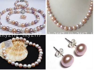 8-9mm Natural Multicolor Akoya Cultured Pearl Necklace Bracelet Earrings Set - Image 1 of 4