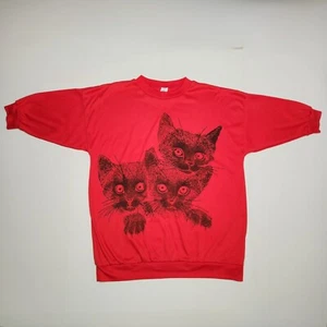 Vintage Cat Faces Top 3/4 Sleeve Shirt One Size Fits All Red - Picture 1 of 7