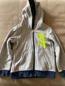 Nike kids Full zip up Fleece lined hoodie long sleeve Gray/Navy Size 7 - Picture 1 of 9