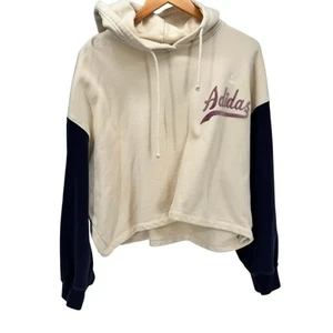 adidas Originals Hoodie Womens Large Cropped Pullover Cream Blue Logo Hit - Picture 1 of 9
