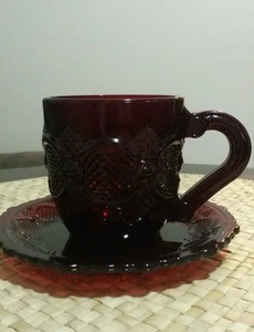 Vintage Ruby Red Glass Tea Cup with saucer by Avon 1973  - Picture 1 of 4
