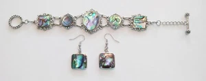 DESIGNER GENUINE RAINBOW ABALONE CRYSTAL SILVER BRACELET & HOOK EARRINGS SET NEW - Picture 1 of 2