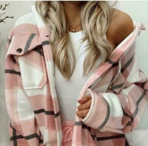 Womens Check Fleece Casual Jacket Shacket Tunic Oversized Baggy Top Shirt Coat - Picture 1 of 19