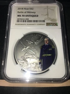 2018  Niue $2,  Battle of Midway  1 Oz .999Ag  NGC**MS-70 Antiqued** - Picture 1 of 6