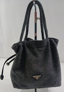 Vintage Prada Grey Wool Drawstring Mini Double Handle Tote Bag