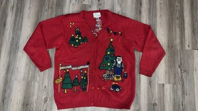 Quacker Factory Sweater Cardigan Button Up Winter Snowman Christmas Large Red - Image 1 of 4