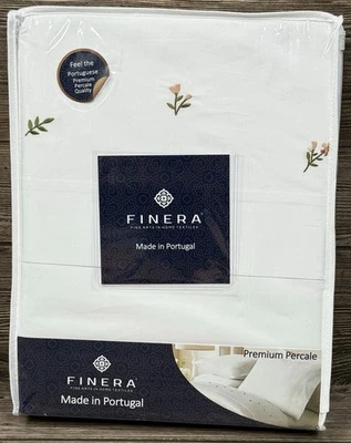 FINERA King Size Sheet Set    Crisp Percale Cotton    Serene Floral/Embroidered - Image 1 of 4