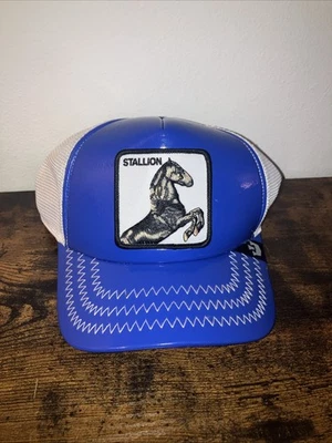 Sombrero de camionero Goorin Bros The Farm The Stallion azul y triple blanco puntada en zig nuevo con etiquetas Foto 1 de 4