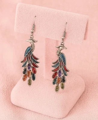 Pendientes Chico’s Peacock Bird Plata Multicolor Boho Cuelga Piedras Preciosas Circonita Esmalte  Foto 1 de 4
