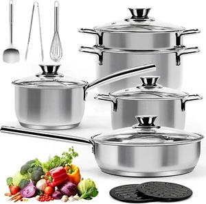 14-Piece Stainless Steel Pots Pans Set Induction Glass Lids & Utensil Set HSEGAR - Picture 1 of 7