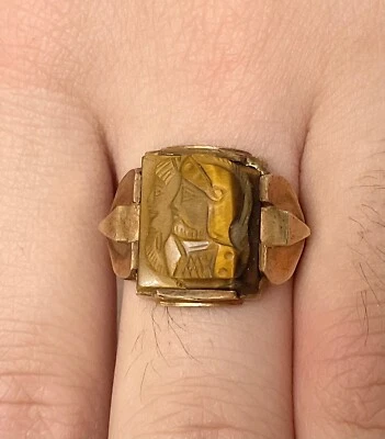 Antiguo anillo camafeo ojo de tigre para parejas de marido y mujer romanos de oro amarillo de 10k Foto 1 de 4