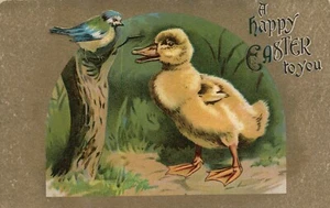 Series D No 08 Duck Watching Blue Bird On A Branch Gold Metallic Easter Postcard - Picture 1 of 2