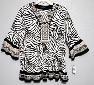 Calessa Top Womens L Black White Animal Print Embroidered 3/4 Bell Sleeve Boho - Picture 1 of 10