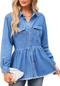 Women's Frayed Denim Shirts Collar Lapel Button Down Jeans Blouses Long Sleeve - Picture 1 of 6