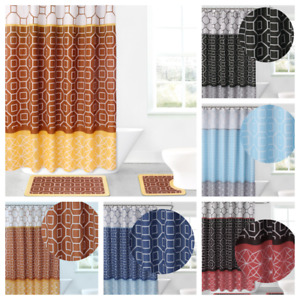 15PC Bathroom Bath Rugs Mats and Shower Curtain Set 3-Tone Mix Color Patchwork