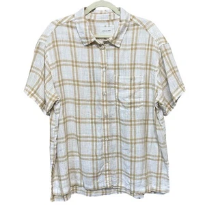 American Eagle Oversized Linen Blend Shirt Women L Cream Plaid Short Sleeve NEW - Picture 1 of 8
