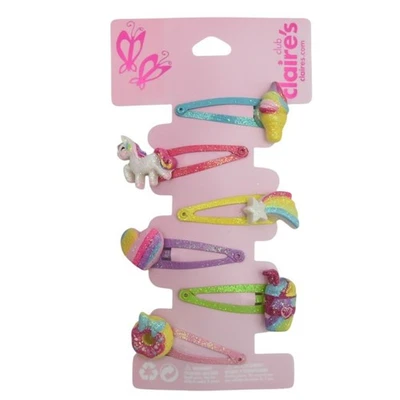 Claires Girls Glitter Hair Clips Set Ice Cream Unicorn Rainbow Heart Drink Donut - Image 1 of 4