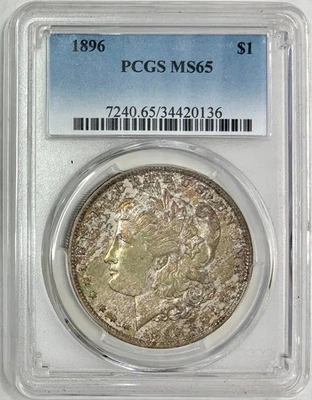 Dólar de plata Morgan 1896, graduación profesional MS-65, ¡anverso magníficamente tonificado! Foto 1 de 2