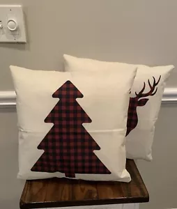 Set of 2 Christmas Throw Pillows White Black Red Buffalo Check Plaid 18x18” TREE - Picture 1 of 12