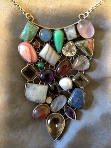 OOAK Artisan Multi Colored Gemstone Cabachon Sterling Bib Collar con expansor - Imagen 1 de 12