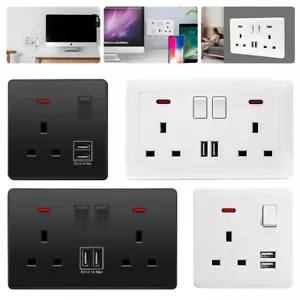 Double Wall Plug Socket 2 Gang 13A with 2 Charger USB Ports Outlets Flat Plate - Picture 1 of 16