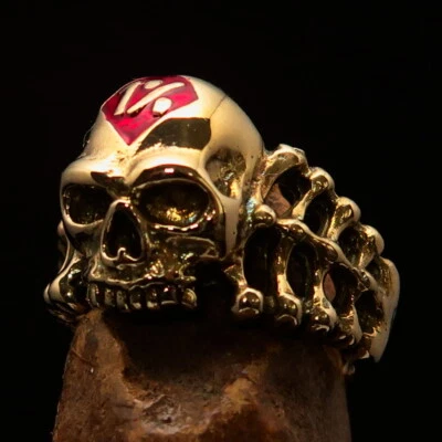 MENS BRASS OUTLAW SKULL AND BONES BIKER RING 1% ONE PERCENTER RED SIZE 9 - Image 1 of 4