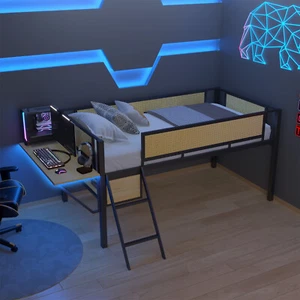 Twin/Full Size Loft Bed Metal Bed Frame w/ Desk & LED Lights & Storage Shelves - Picture 1 of 72